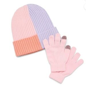Kids Two-Tone Beanie and Touchscreen Gloves Set - Pink, Lilac & Coral